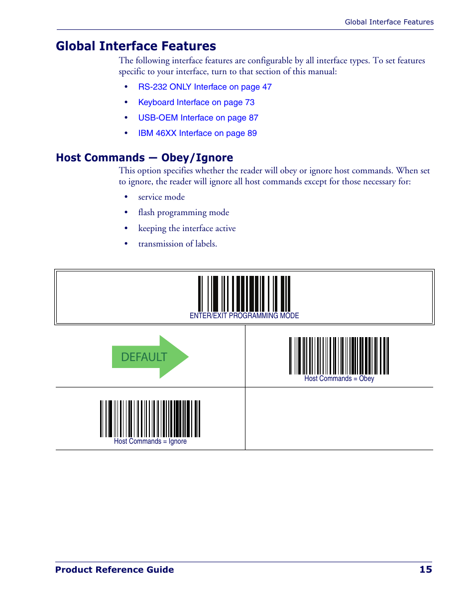 Global interface features, Host commands — obey/ignore, Default | Rice Lake Datalogic PowerScan PD7100 Series Laser Scanner User Manual | Page 23 / 324