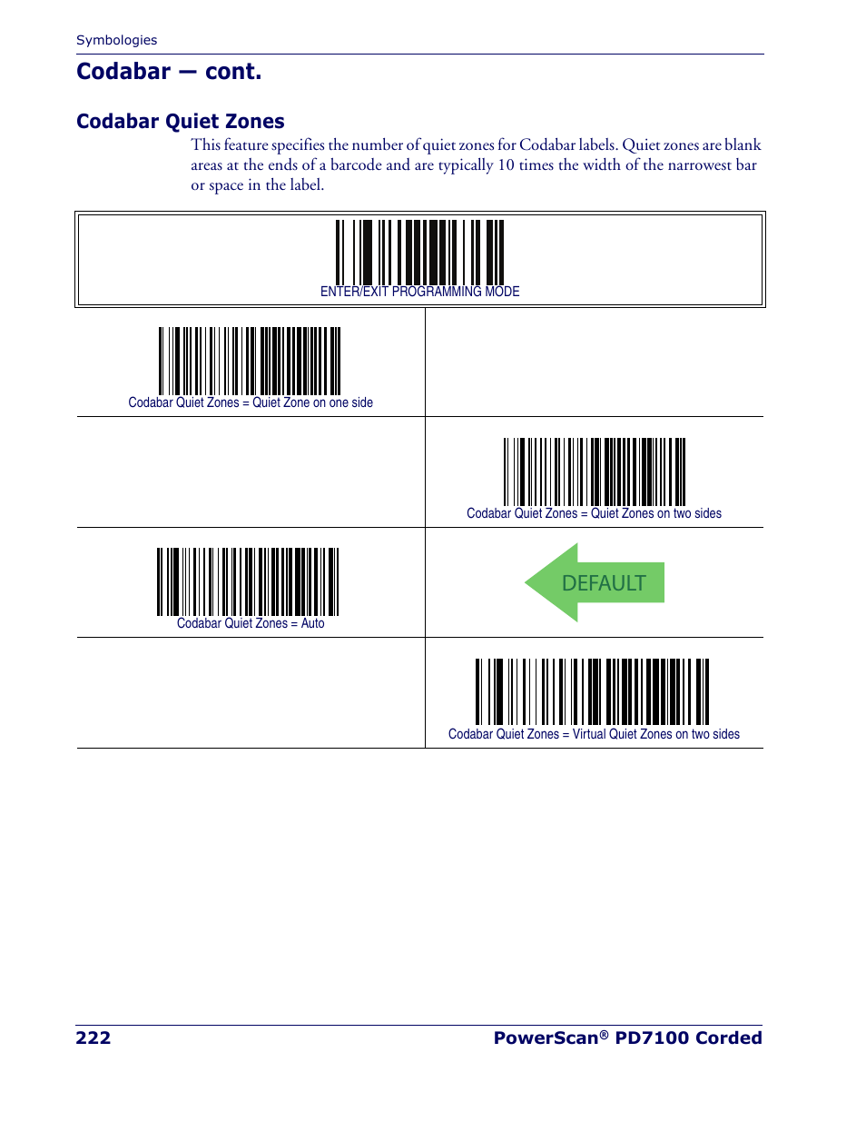 Codabar quiet zones, Default, Codabar — cont | Rice Lake Datalogic PowerScan PD7100 Series Laser Scanner User Manual | Page 230 / 324