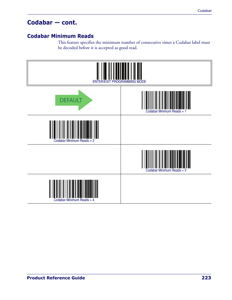 Codabar minimum reads, Default, Codabar — cont | Rice Lake Datalogic PowerScan PD7100 Series Laser Scanner User Manual | Page 231 / 324