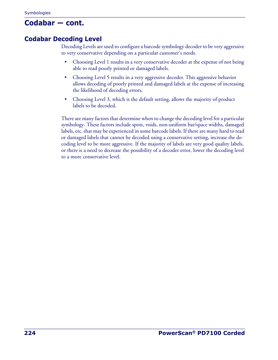 Codabar decoding level, Codabar — cont | Rice Lake Datalogic PowerScan PD7100 Series Laser Scanner User Manual | Page 232 / 324