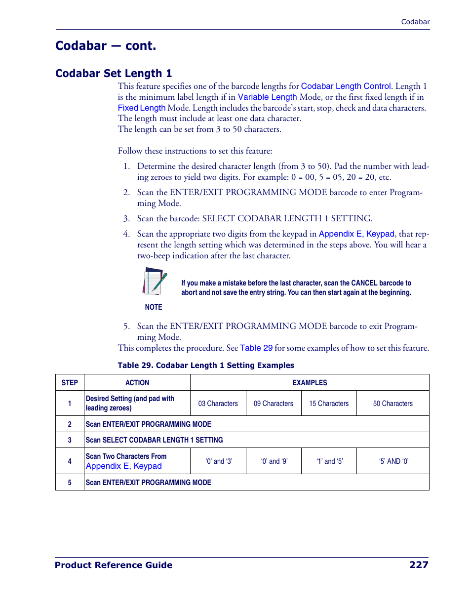 Codabar set length 1, Codabar — cont | Rice Lake Datalogic PowerScan PD7100 Series Laser Scanner User Manual | Page 235 / 324