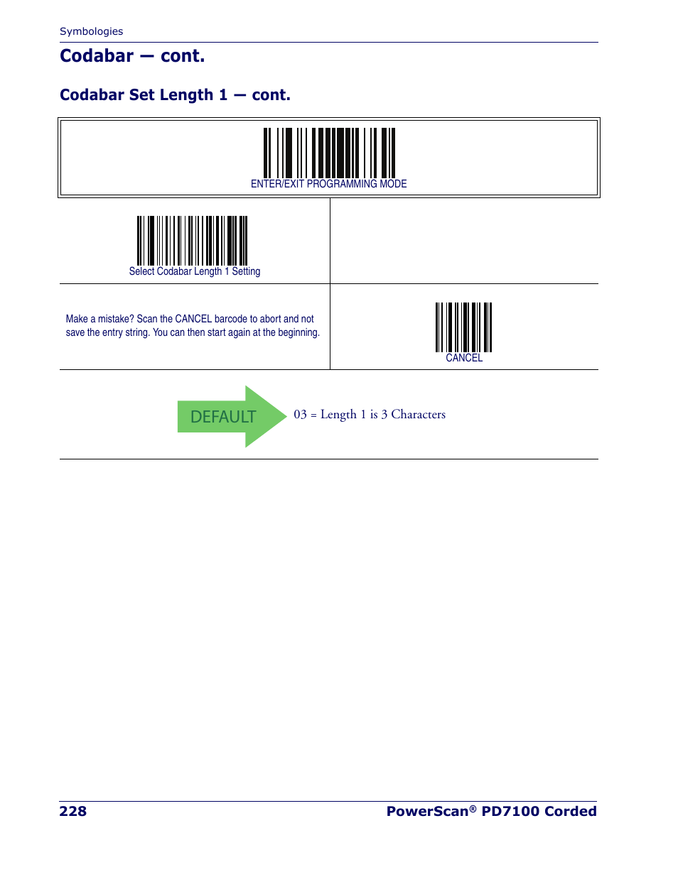 Default, Codabar — cont, Codabar set length 1 — cont | Rice Lake Datalogic PowerScan PD7100 Series Laser Scanner User Manual | Page 236 / 324
