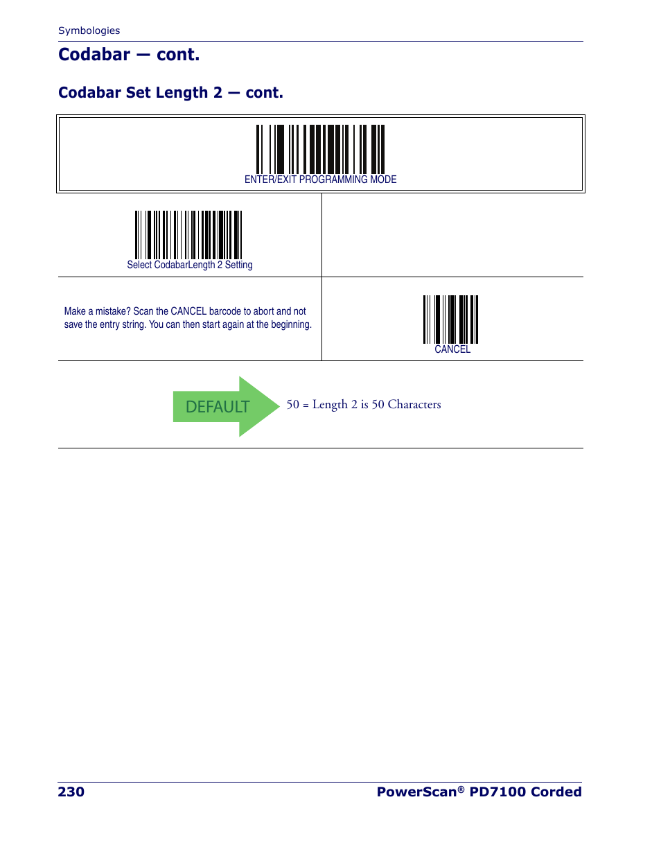 Default, Codabar — cont, Codabar set length 2 — cont | Rice Lake Datalogic PowerScan PD7100 Series Laser Scanner User Manual | Page 238 / 324