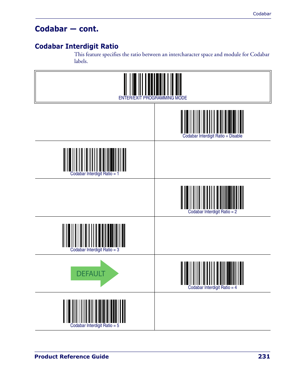 Codabar interdigit ratio, Default, Codabar — cont | Rice Lake Datalogic PowerScan PD7100 Series Laser Scanner User Manual | Page 239 / 324