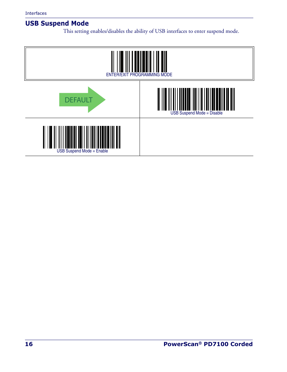 Usb suspend mode, Default | Rice Lake Datalogic PowerScan PD7100 Series Laser Scanner User Manual | Page 24 / 324