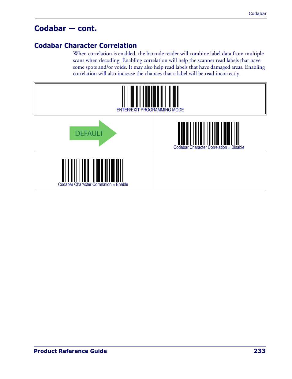 Codabar character correlation, Default, Codabar — cont | Rice Lake Datalogic PowerScan PD7100 Series Laser Scanner User Manual | Page 241 / 324