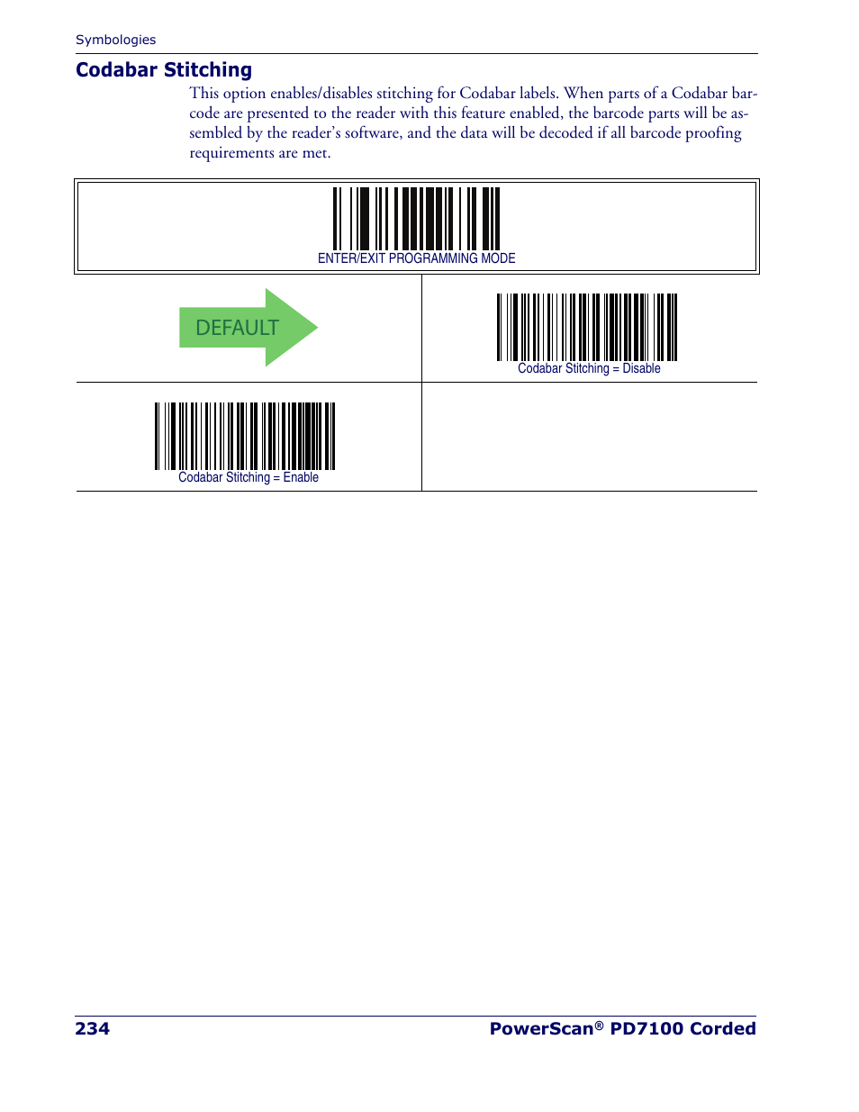 Codabar stitching, Default | Rice Lake Datalogic PowerScan PD7100 Series Laser Scanner User Manual | Page 242 / 324