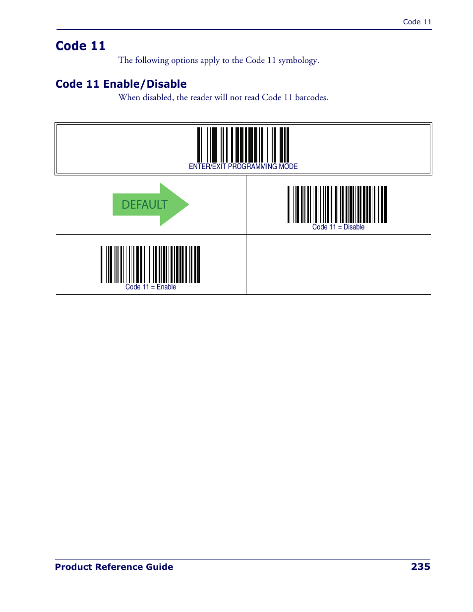 Code 11, Code 11 enable/disable, Default | Rice Lake Datalogic PowerScan PD7100 Series Laser Scanner User Manual | Page 243 / 324