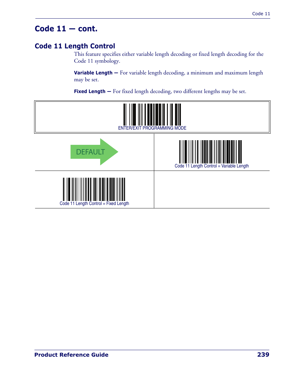 Code 11 length control, Default, Code 11 — cont | Rice Lake Datalogic PowerScan PD7100 Series Laser Scanner User Manual | Page 247 / 324