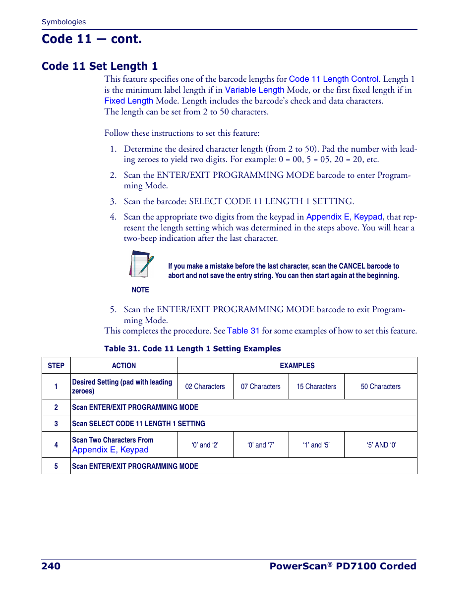 Code 11 set length 1, Code 11 — cont | Rice Lake Datalogic PowerScan PD7100 Series Laser Scanner User Manual | Page 248 / 324