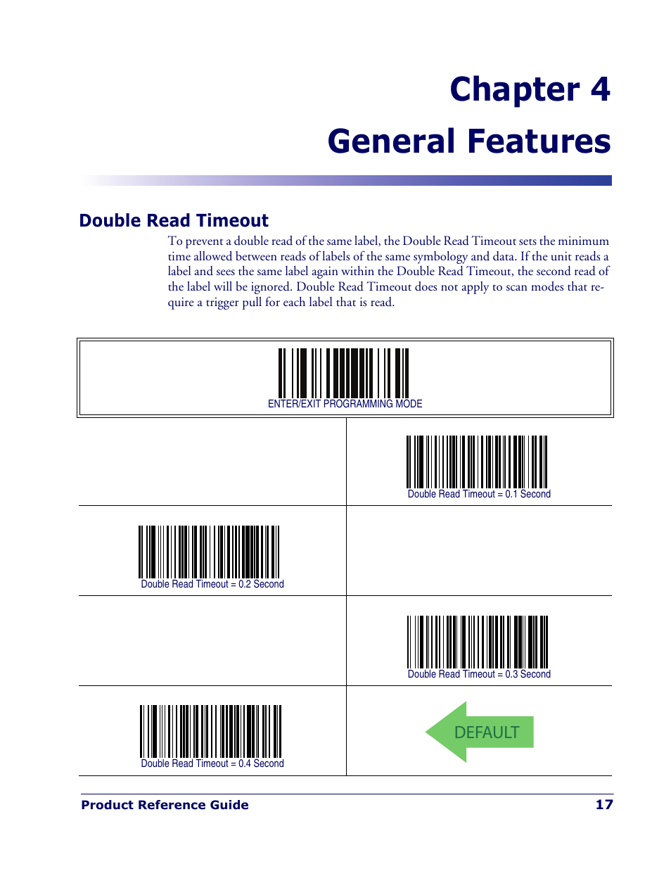 General features, Double read timeout, Chapter 4. general features | Chapter 4, general features, Includes programming barc, Chapter 4 general features | Rice Lake Datalogic PowerScan PD7100 Series Laser Scanner User Manual | Page 25 / 324