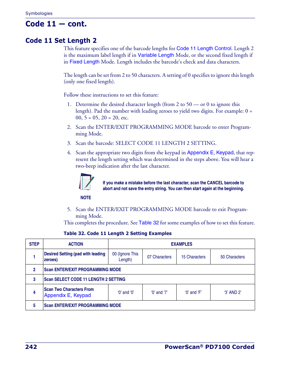 Code 11 set length 2, Code 11 — cont | Rice Lake Datalogic PowerScan PD7100 Series Laser Scanner User Manual | Page 250 / 324