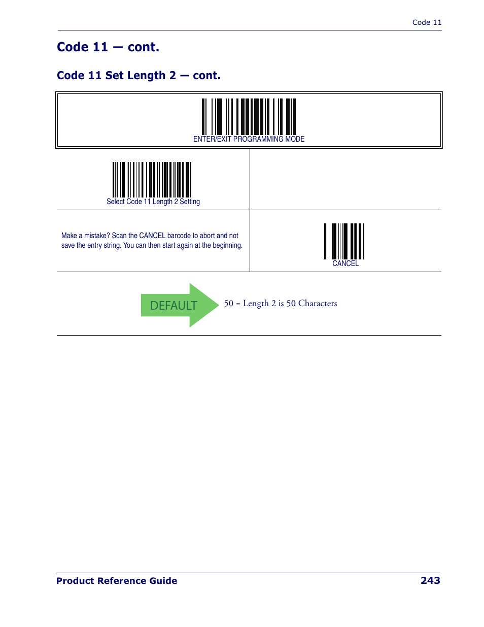 Default, Code 11 — cont | Rice Lake Datalogic PowerScan PD7100 Series Laser Scanner User Manual | Page 251 / 324