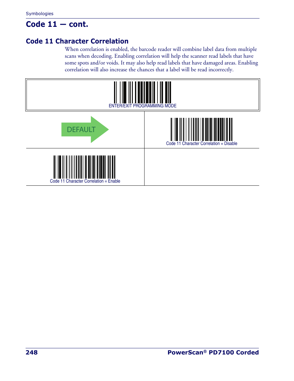 Code 11 character correlation, Default, Code 11 — cont | Rice Lake Datalogic PowerScan PD7100 Series Laser Scanner User Manual | Page 256 / 324