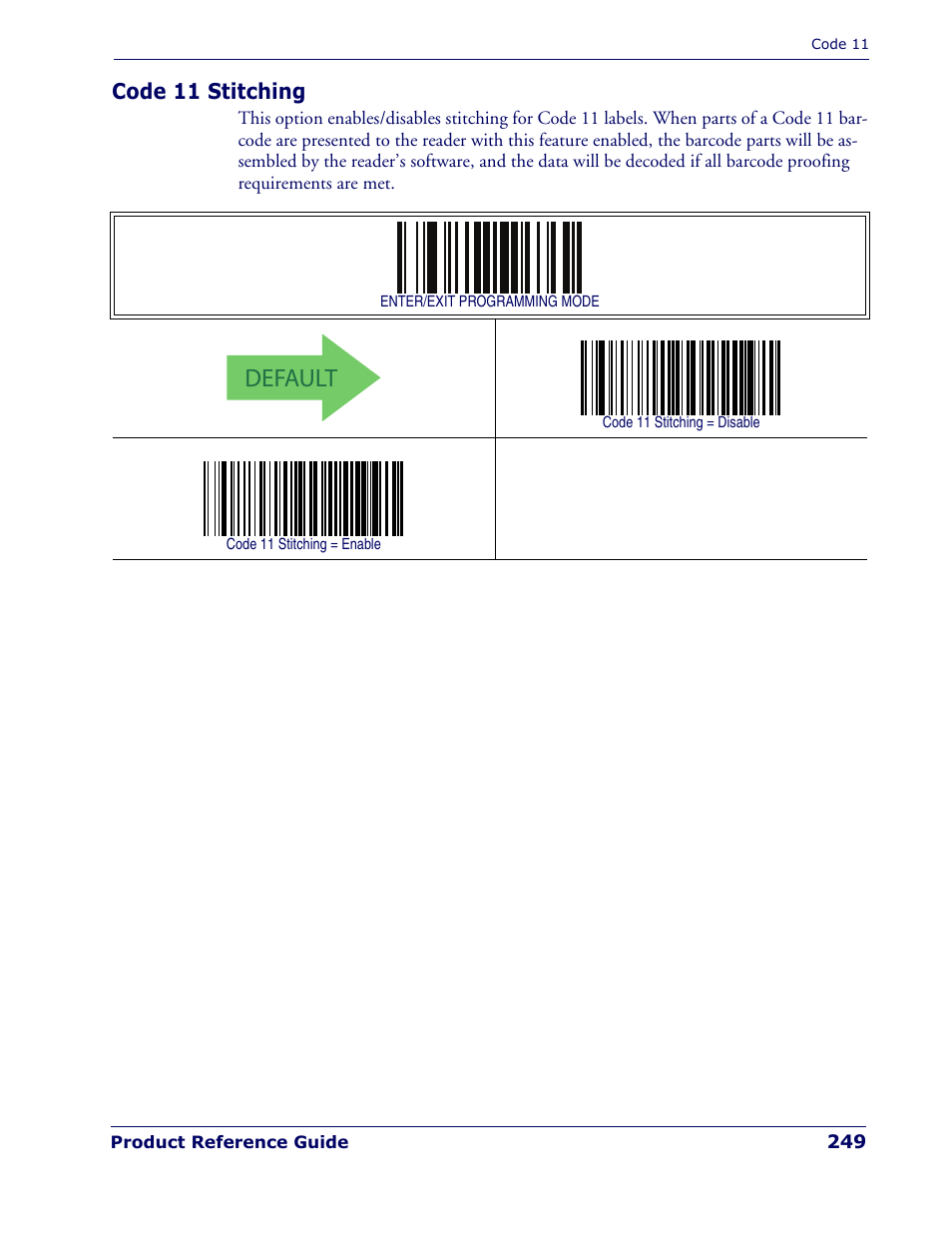 Code 11 stitching, Default | Rice Lake Datalogic PowerScan PD7100 Series Laser Scanner User Manual | Page 257 / 324