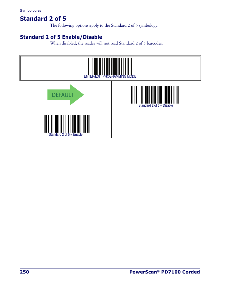 Standard 2 of 5, Standard 2 of 5 enable/disable, Default | Rice Lake Datalogic PowerScan PD7100 Series Laser Scanner User Manual | Page 258 / 324