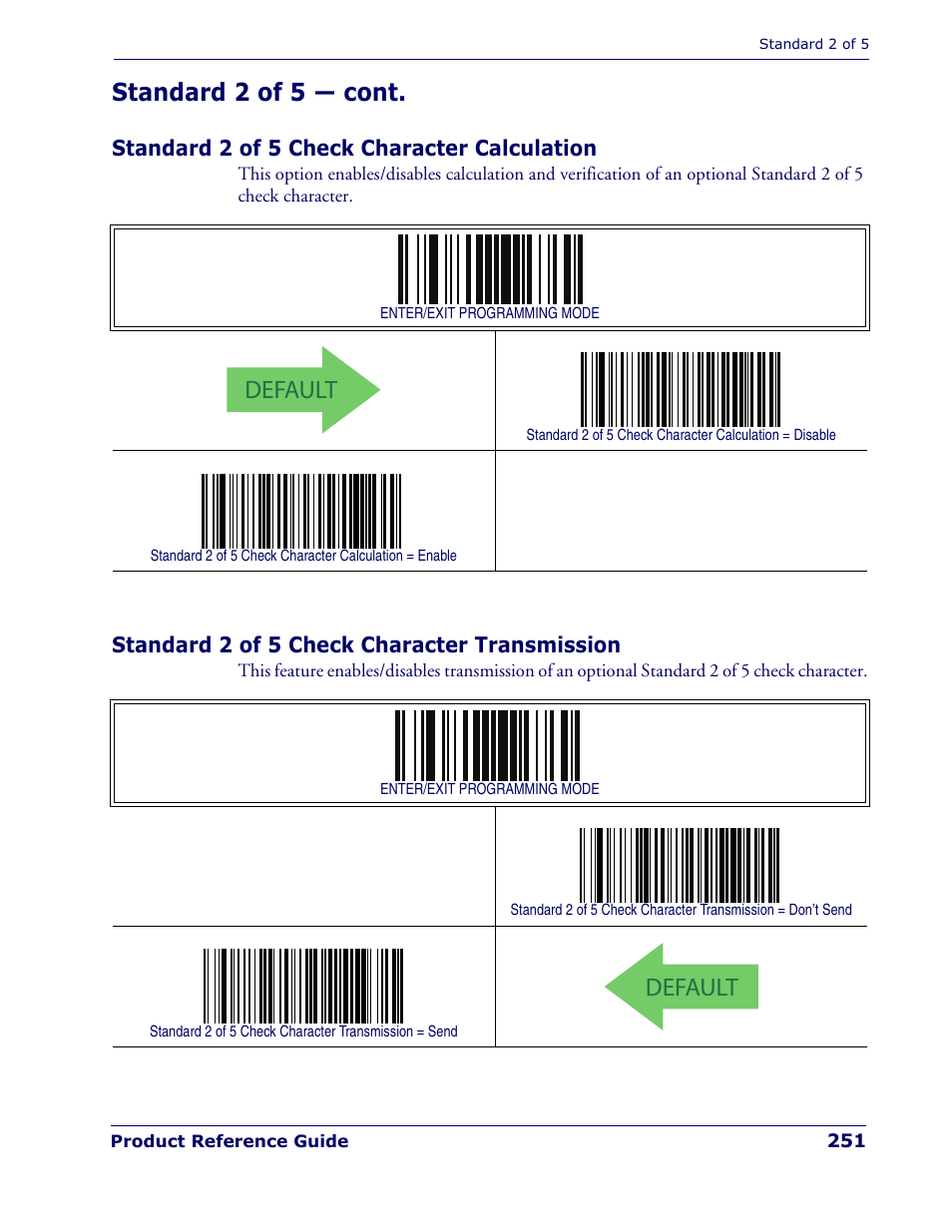Standard 2 of 5 check character calculation, Standard 2 of 5 check character transmission, Default | Standard 2 of 5 — cont | Rice Lake Datalogic PowerScan PD7100 Series Laser Scanner User Manual | Page 259 / 324