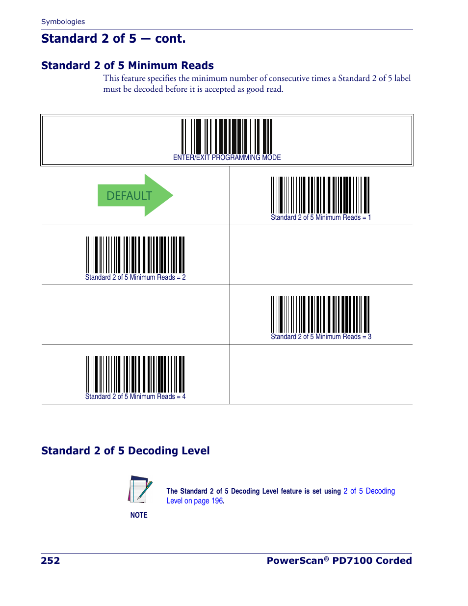 Standard 2 of 5 minimum reads, Standard 2 of 5 decoding level, Default | Standard 2 of 5 — cont | Rice Lake Datalogic PowerScan PD7100 Series Laser Scanner User Manual | Page 260 / 324