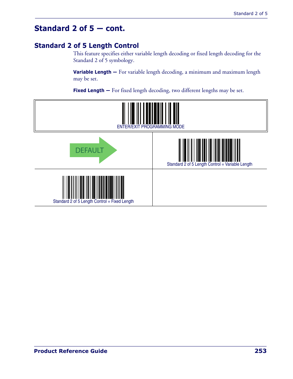 Standard 2 of 5 length control, Default, Standard 2 of 5 — cont | Rice Lake Datalogic PowerScan PD7100 Series Laser Scanner User Manual | Page 261 / 324