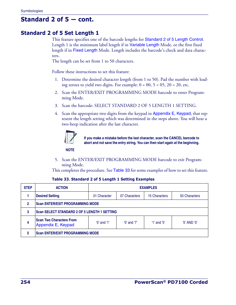 Standard 2 of 5 set length 1, Standard 2 of 5 — cont | Rice Lake Datalogic PowerScan PD7100 Series Laser Scanner User Manual | Page 262 / 324