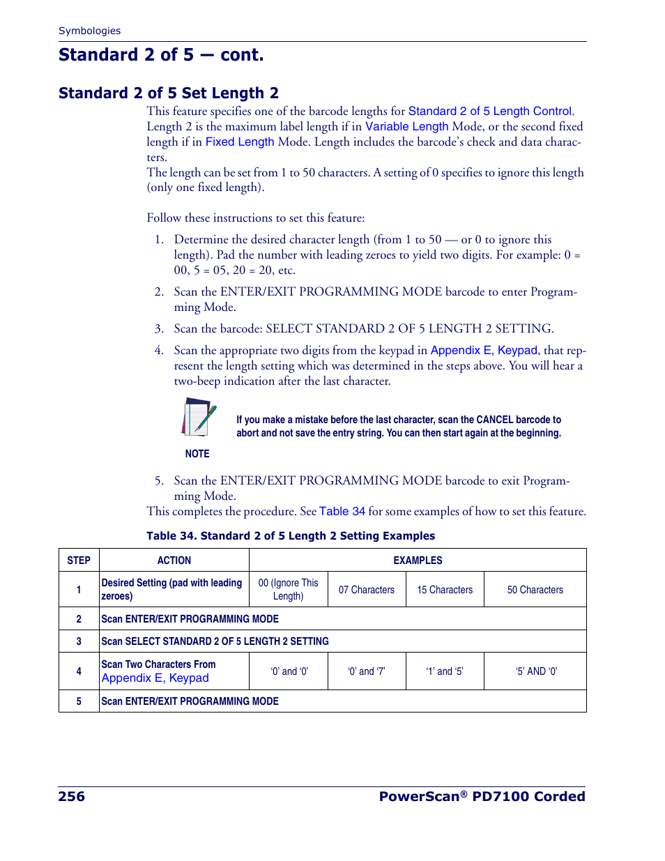 Standard 2 of 5 set length 2, Standard 2 of 5 — cont | Rice Lake Datalogic PowerScan PD7100 Series Laser Scanner User Manual | Page 264 / 324