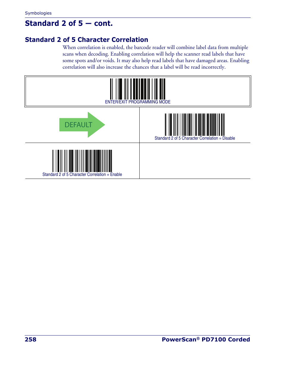 Standard 2 of 5 character correlation, Default, Standard 2 of 5 — cont | Rice Lake Datalogic PowerScan PD7100 Series Laser Scanner User Manual | Page 266 / 324