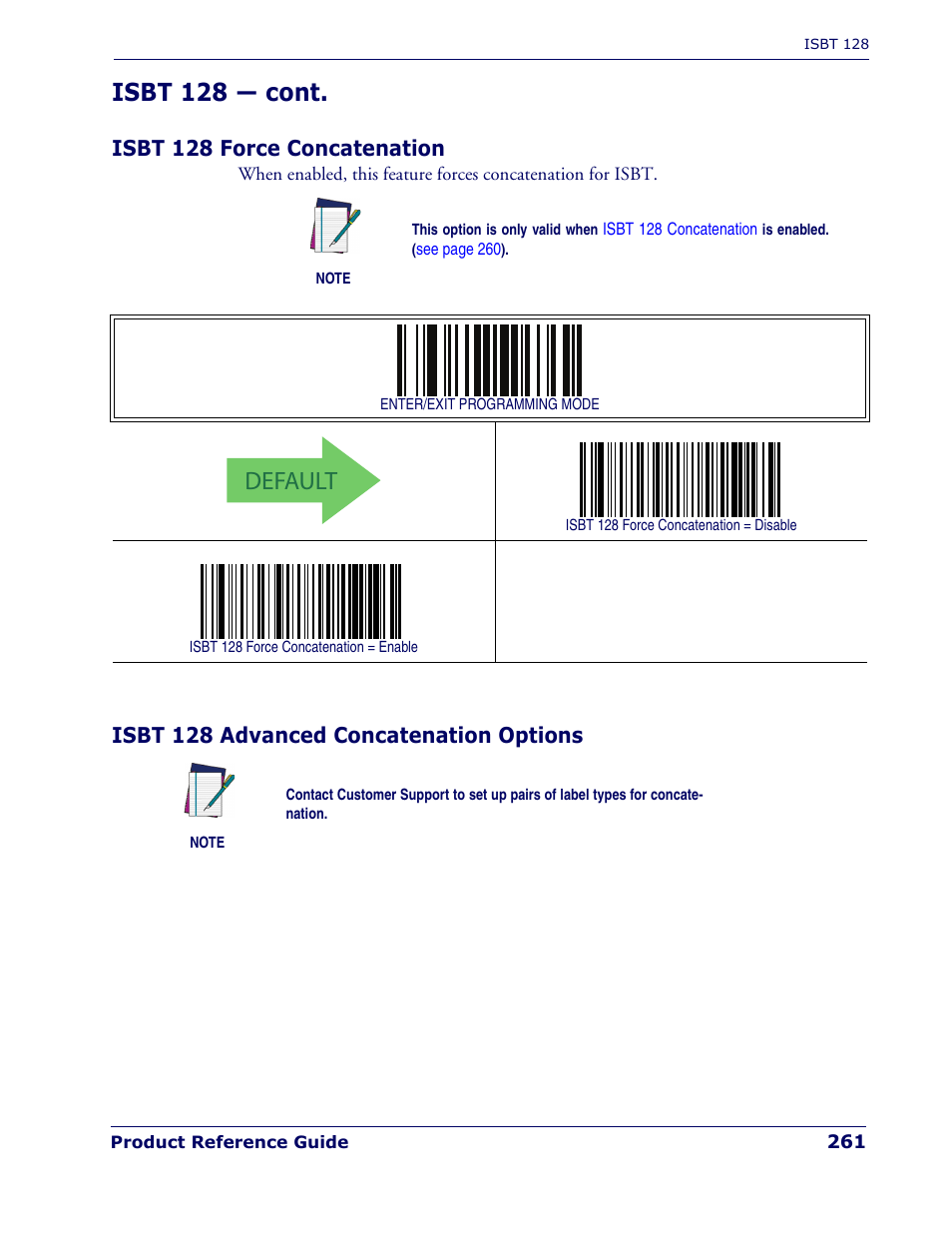 Isbt 128 force concatenation, Isbt 128 advanced concatenation options, Default | Isbt 128 — cont | Rice Lake Datalogic PowerScan PD7100 Series Laser Scanner User Manual | Page 269 / 324