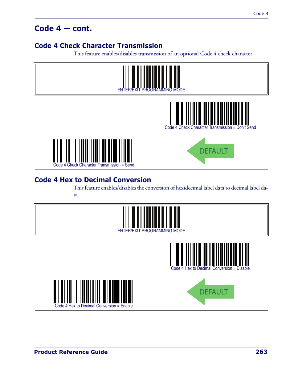 Code 4 check character transmission, Code 4 hex to decimal conversion, Default | Code 4 — cont | Rice Lake Datalogic PowerScan PD7100 Series Laser Scanner User Manual | Page 271 / 324