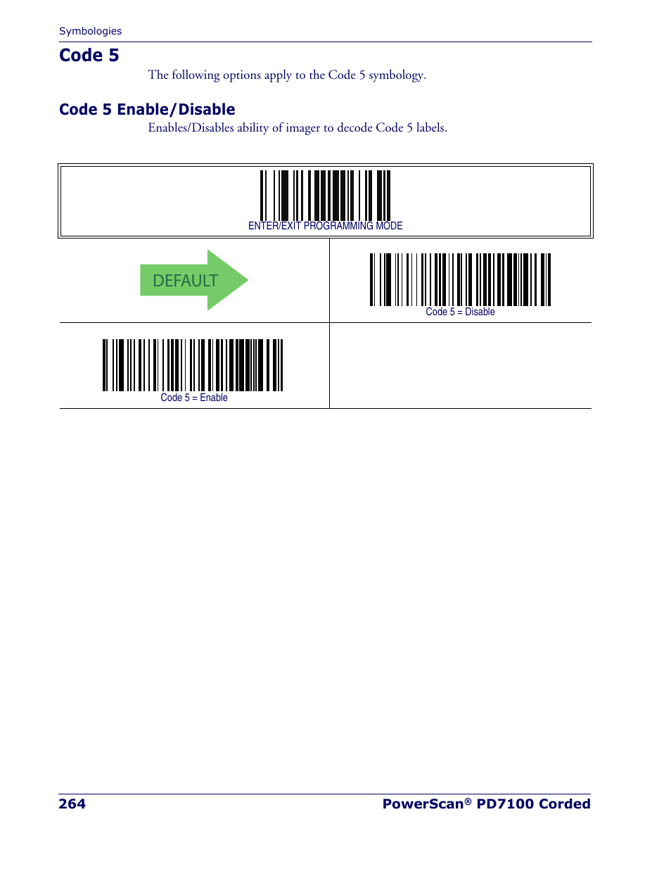 Code 5, Code 5 enable/disable, Default | Rice Lake Datalogic PowerScan PD7100 Series Laser Scanner User Manual | Page 272 / 324