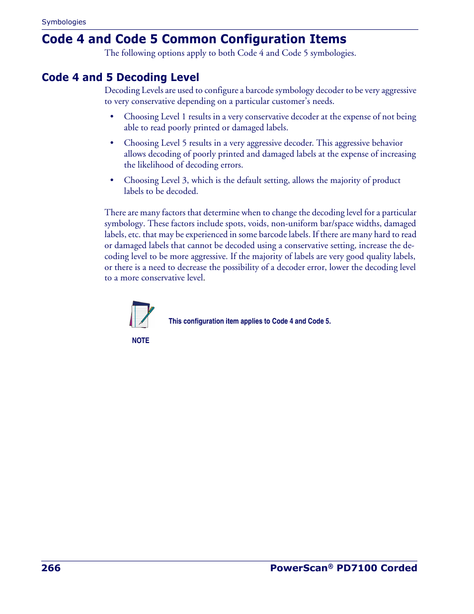 Code 4 and code 5 common configuration items, Code 4 and 5 decoding level | Rice Lake Datalogic PowerScan PD7100 Series Laser Scanner User Manual | Page 274 / 324