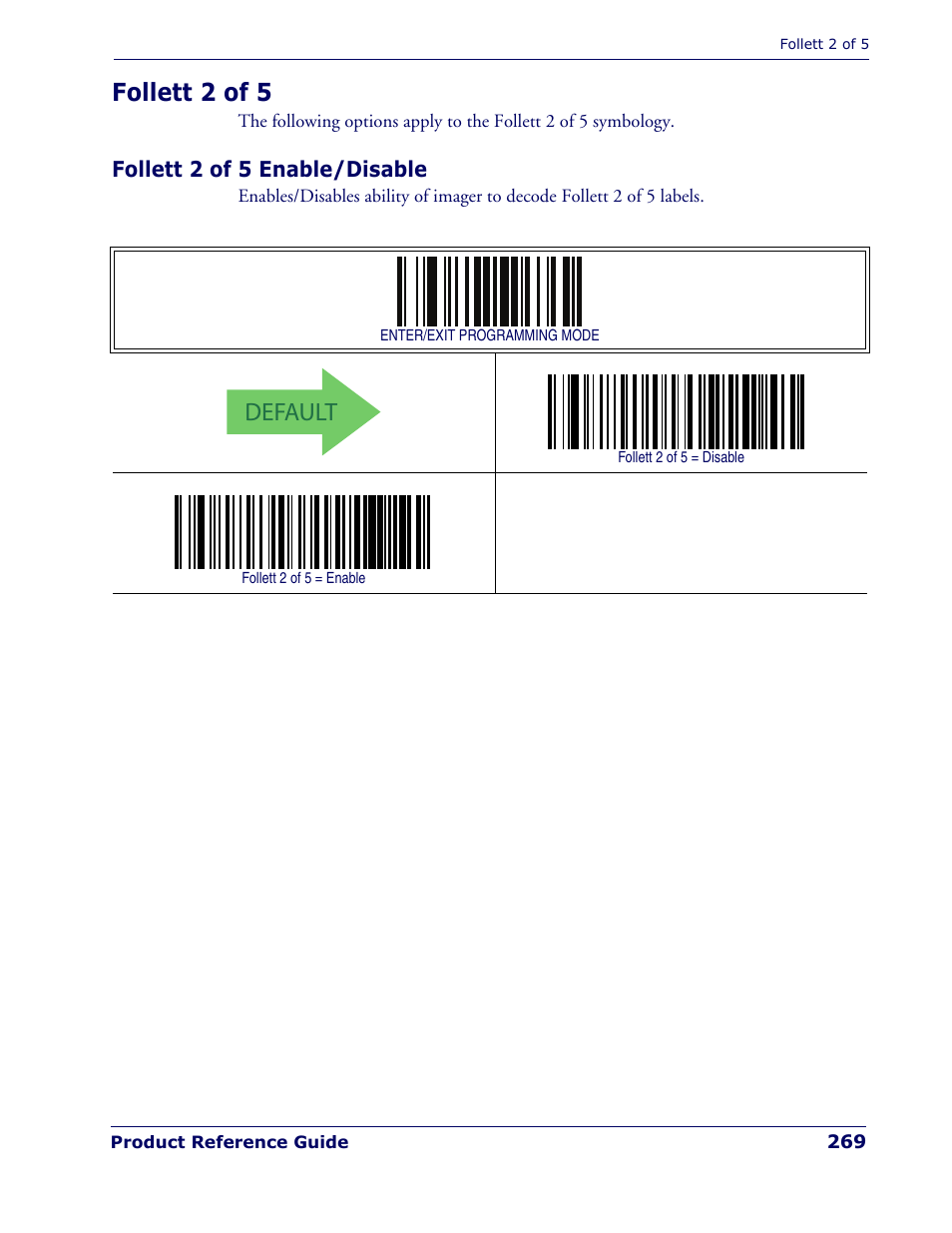 Follett 2 of 5, Follett 2 of 5 enable/disable, Default | Rice Lake Datalogic PowerScan PD7100 Series Laser Scanner User Manual | Page 277 / 324