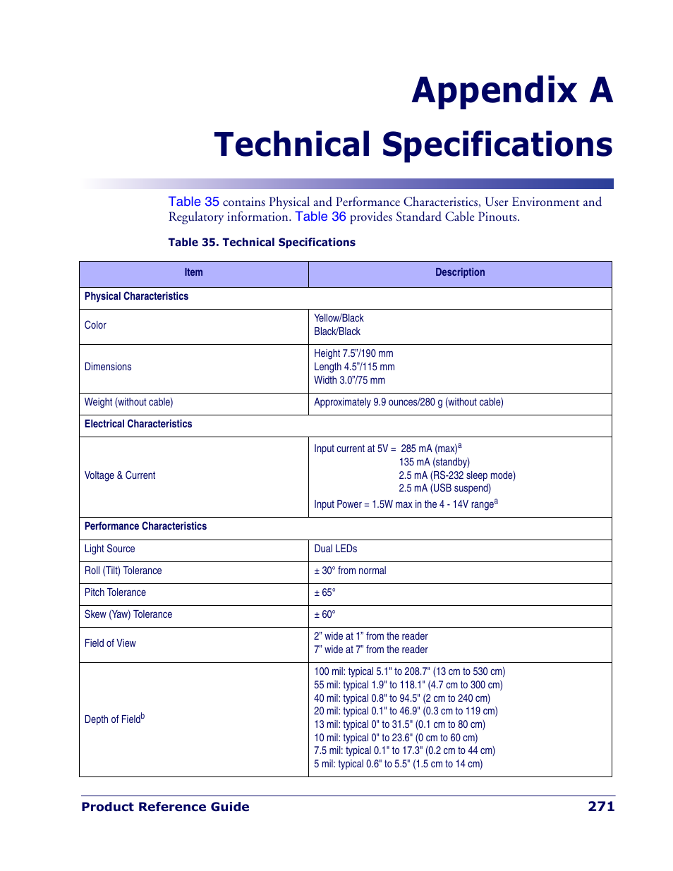 Technical specifications, Appendix a. technical specifications, Appendix a, technical specifications | Appendix a | Rice Lake Datalogic PowerScan PD7100 Series Laser Scanner User Manual | Page 279 / 324