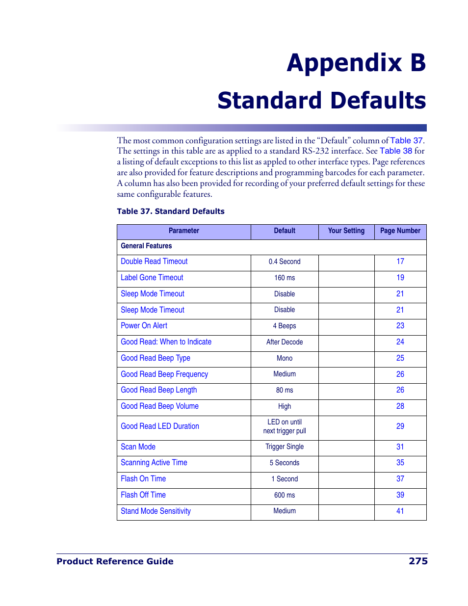 Standard defaults, Appendix b. standard defaults, Appendix b, standard defaults | References common factory de, Appendix b | Rice Lake Datalogic PowerScan PD7100 Series Laser Scanner User Manual | Page 283 / 324