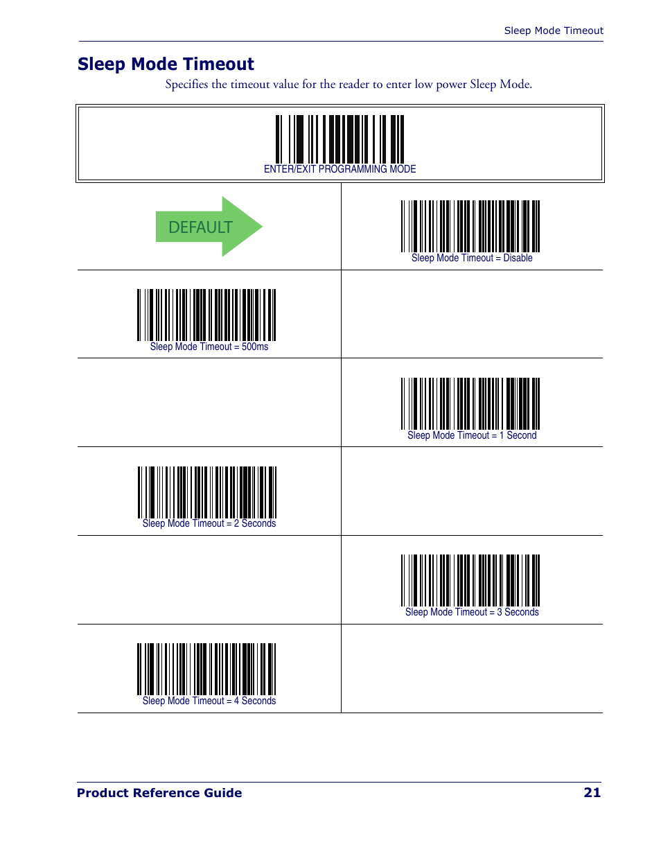 Sleep mode timeout, Default | Rice Lake Datalogic PowerScan PD7100 Series Laser Scanner User Manual | Page 29 / 324