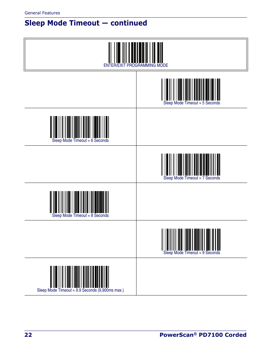 Sleep mode timeout — continued | Rice Lake Datalogic PowerScan PD7100 Series Laser Scanner User Manual | Page 30 / 324