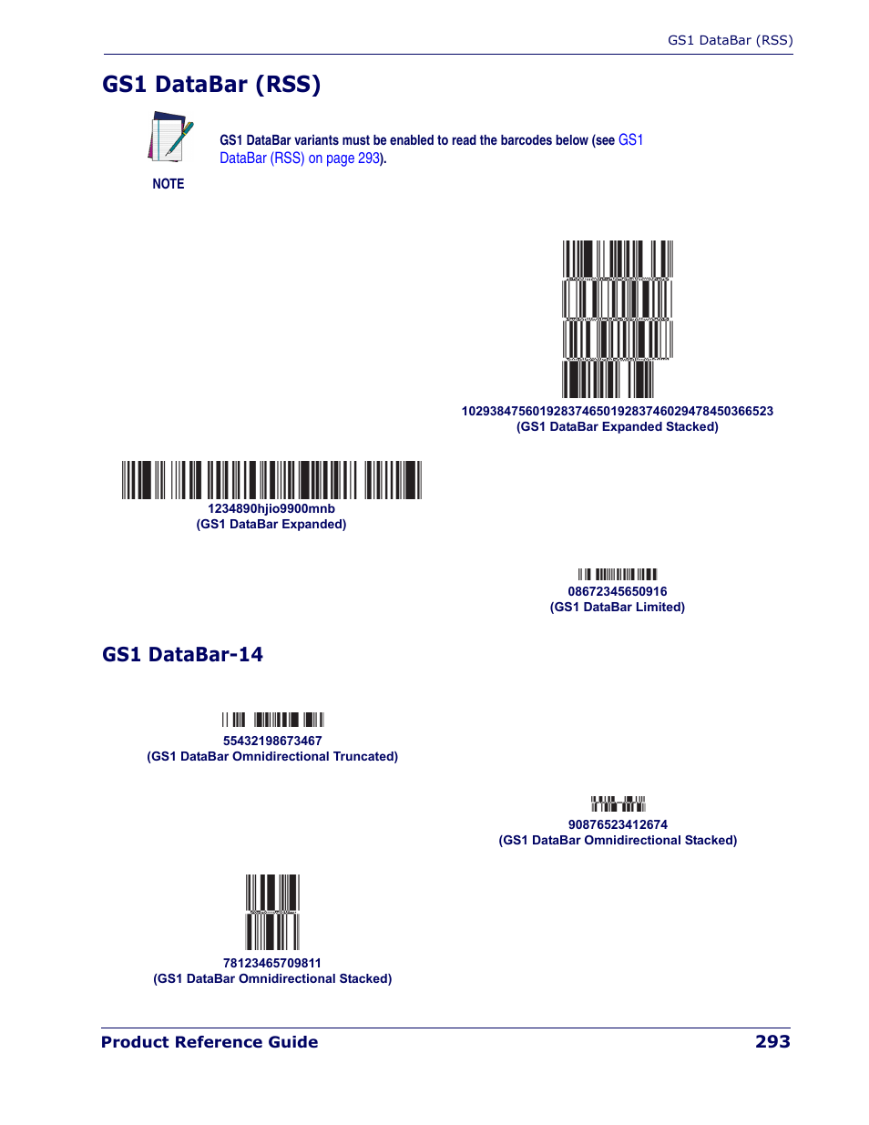 Gs1 databar (rss), Gs1 databar-14 | Rice Lake Datalogic PowerScan PD7100 Series Laser Scanner User Manual | Page 301 / 324