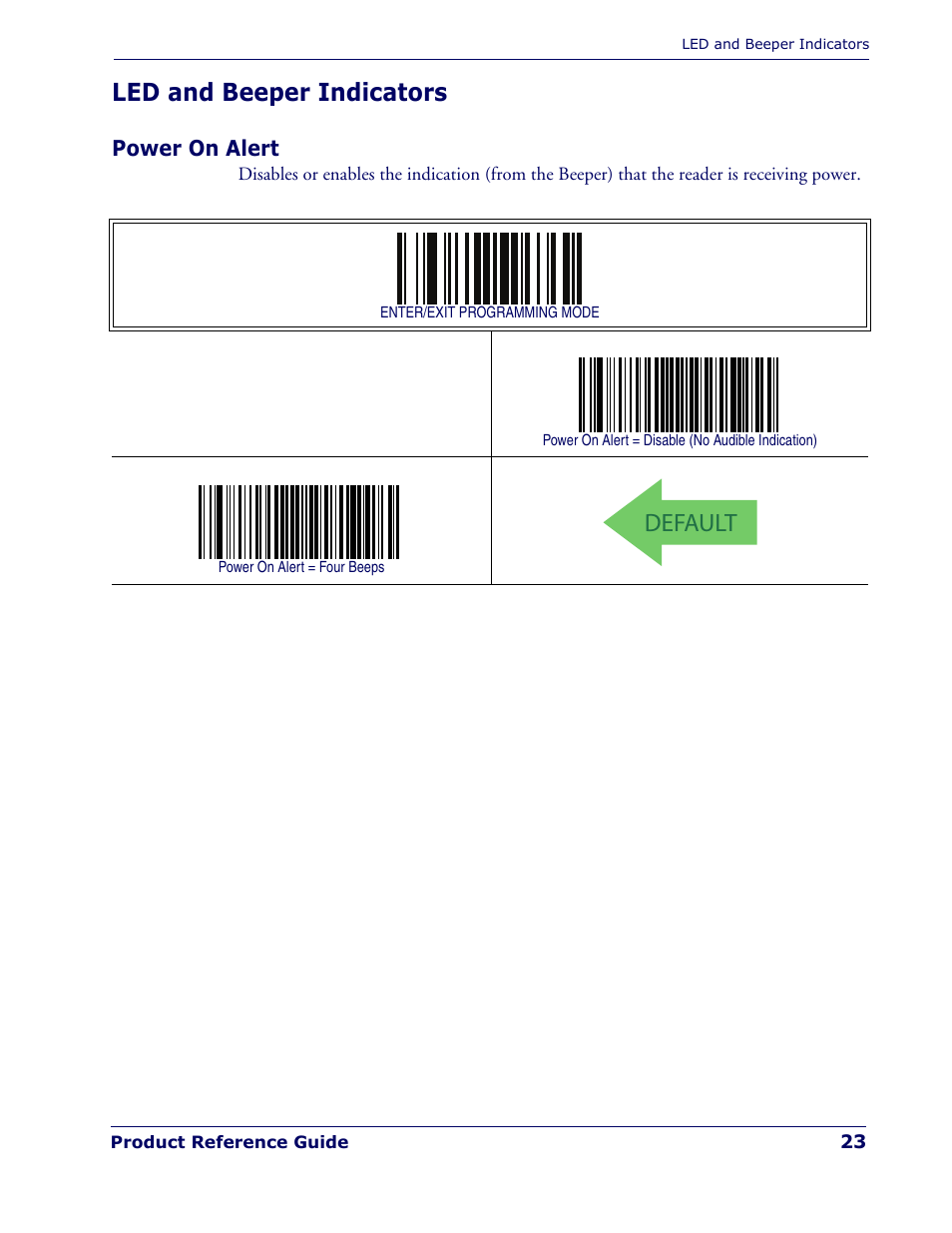 Led and beeper indicators, Power on alert, Default | Rice Lake Datalogic PowerScan PD7100 Series Laser Scanner User Manual | Page 31 / 324