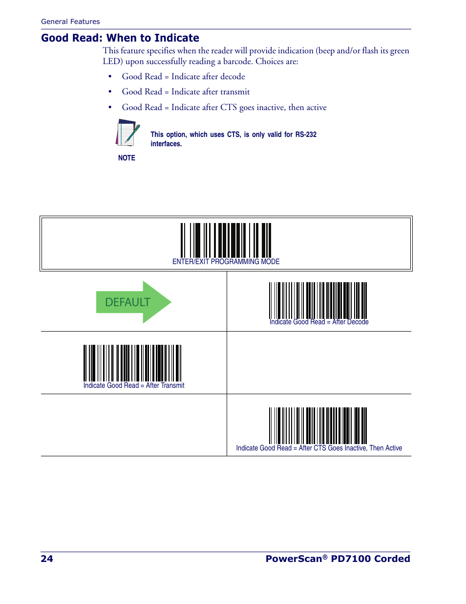 Good read: when to indicate, Default | Rice Lake Datalogic PowerScan PD7100 Series Laser Scanner User Manual | Page 32 / 324