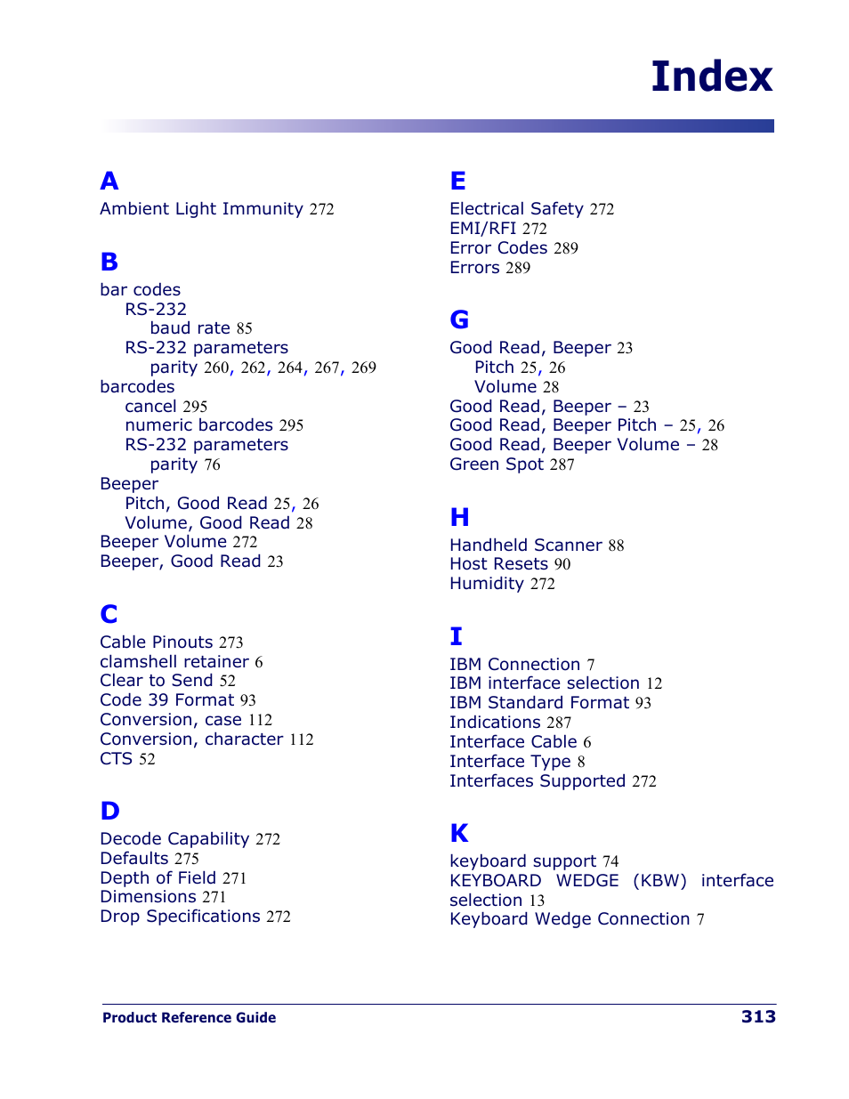Index | Rice Lake Datalogic PowerScan PD7100 Series Laser Scanner User Manual | Page 321 / 324