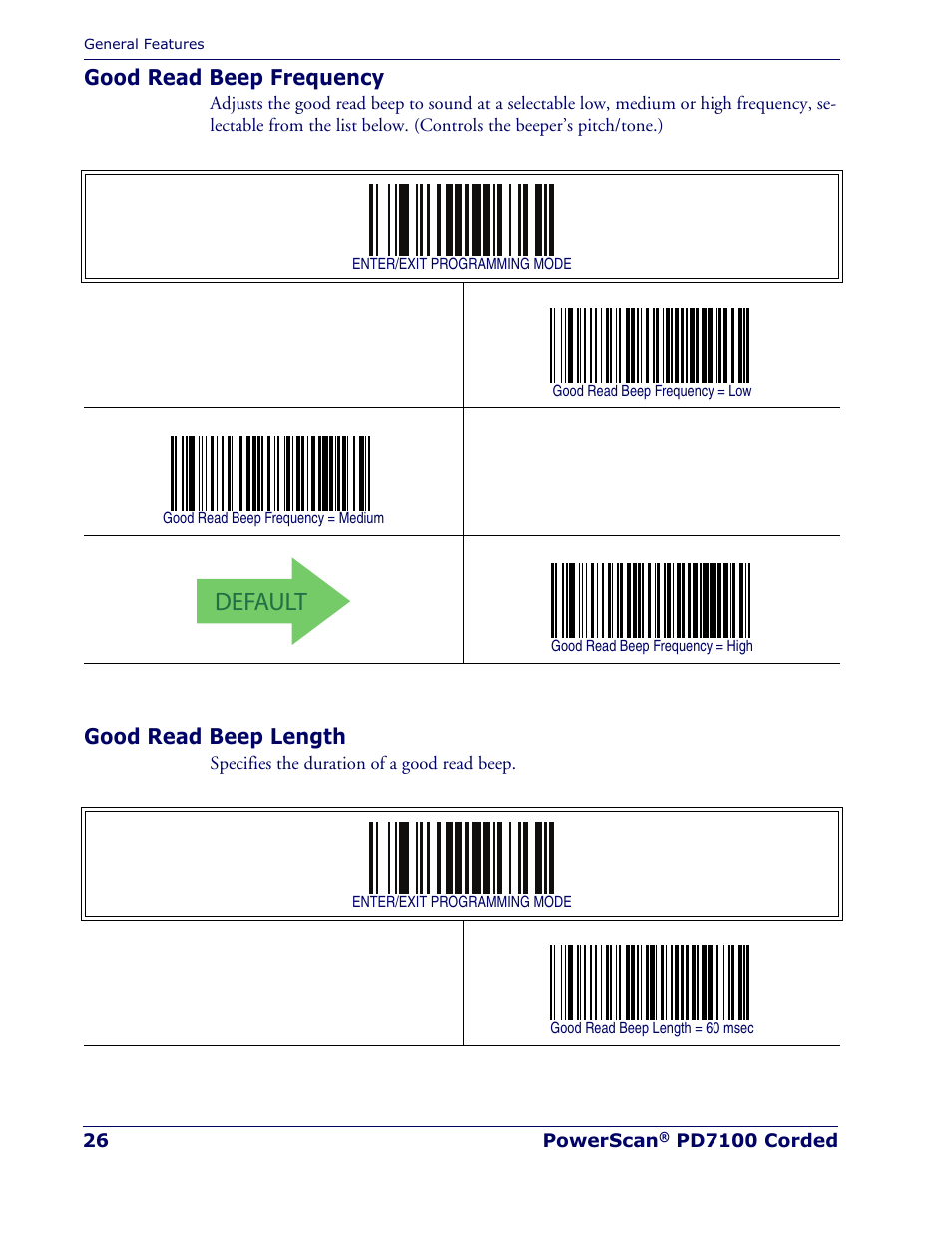 Good read beep frequency, Good read beep length, Good read beep frequency good read beep length | Default | Rice Lake Datalogic PowerScan PD7100 Series Laser Scanner User Manual | Page 34 / 324