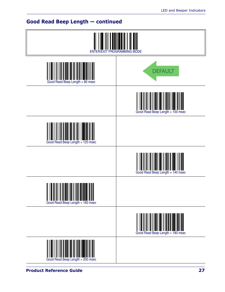 Default, Good read beep length — continued | Rice Lake Datalogic PowerScan PD7100 Series Laser Scanner User Manual | Page 35 / 324