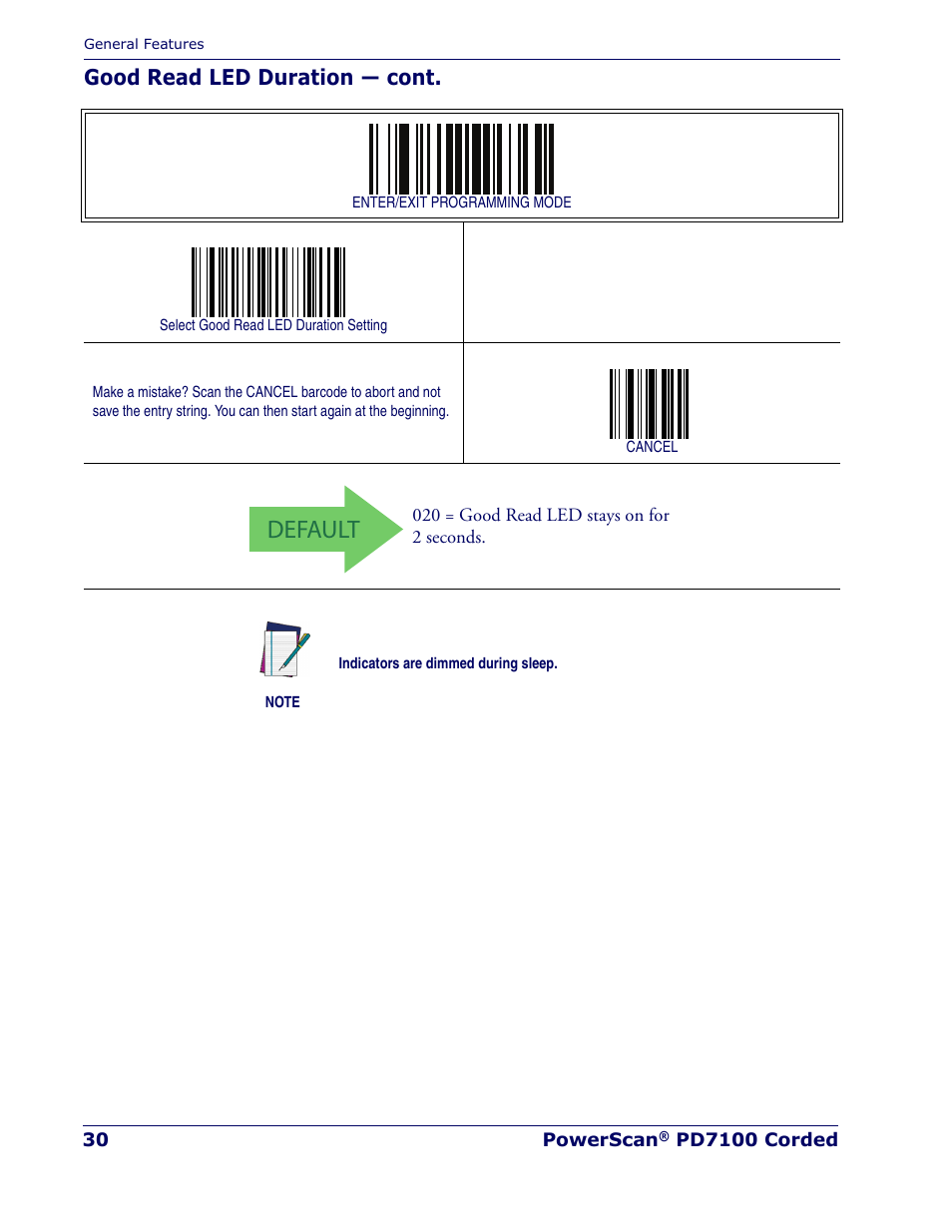 Default, Good read led duration — cont | Rice Lake Datalogic PowerScan PD7100 Series Laser Scanner User Manual | Page 38 / 324