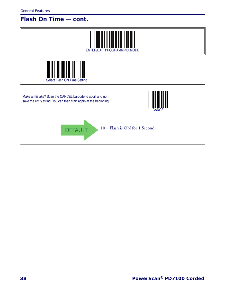 Default, Flash on time — cont | Rice Lake Datalogic PowerScan PD7100 Series Laser Scanner User Manual | Page 46 / 324