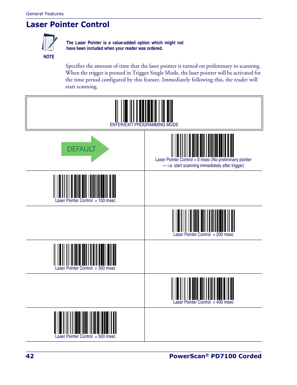 Laser pointer control, Default | Rice Lake Datalogic PowerScan PD7100 Series Laser Scanner User Manual | Page 50 / 324