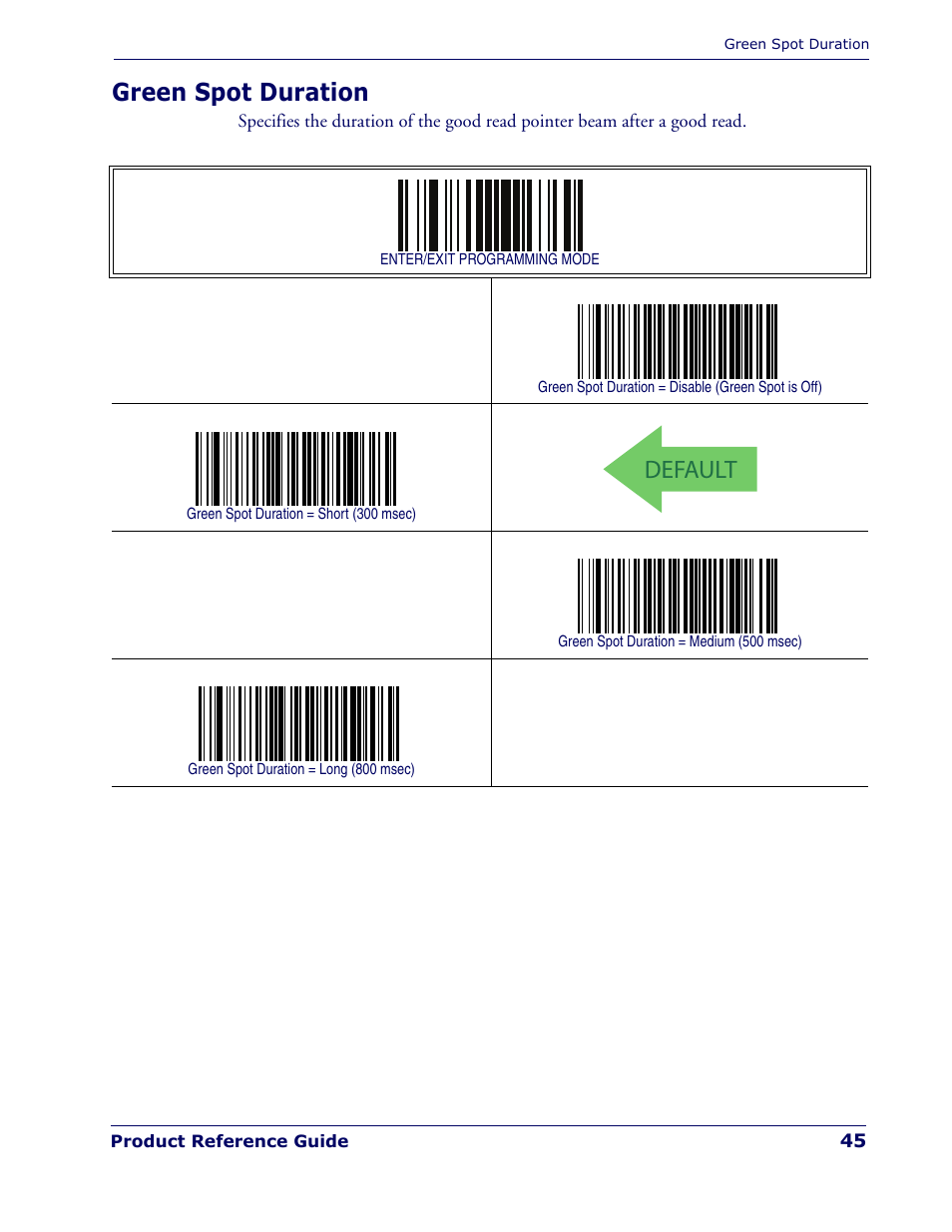 Green spot duration, Default | Rice Lake Datalogic PowerScan PD7100 Series Laser Scanner User Manual | Page 53 / 324