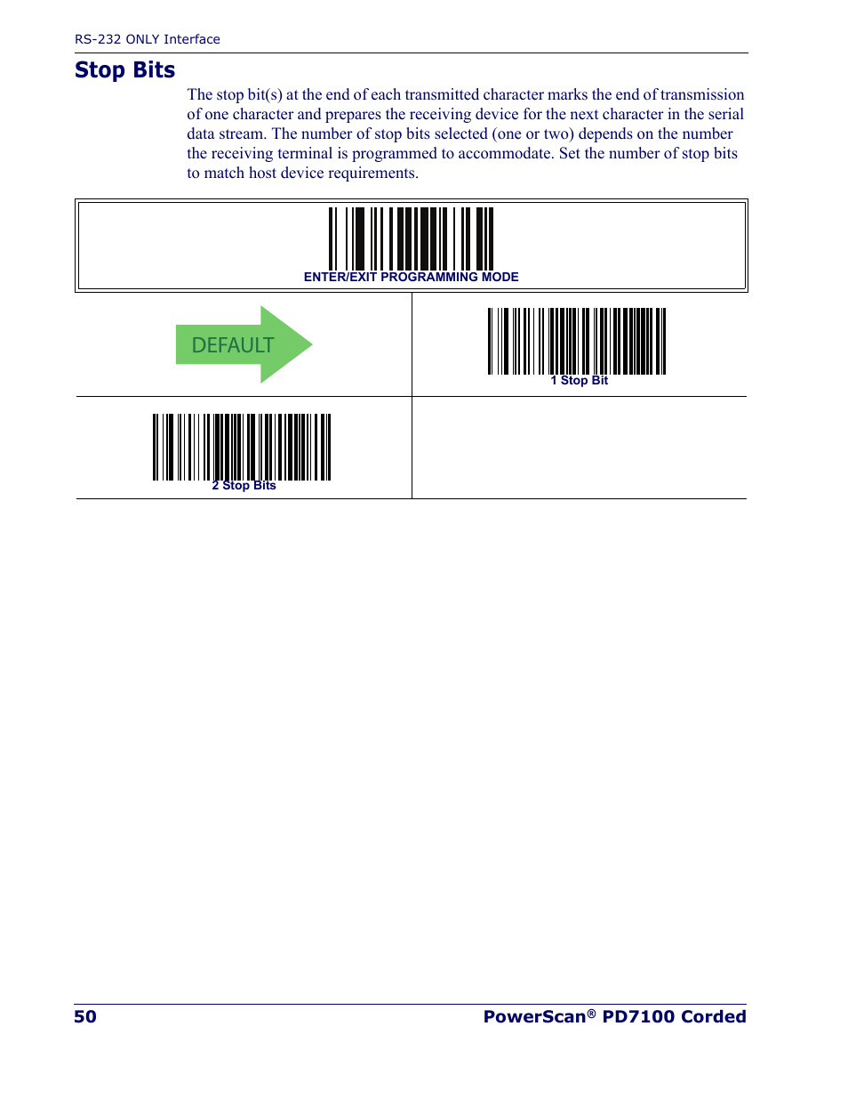 Stop bits, Default | Rice Lake Datalogic PowerScan PD7100 Series Laser Scanner User Manual | Page 58 / 324