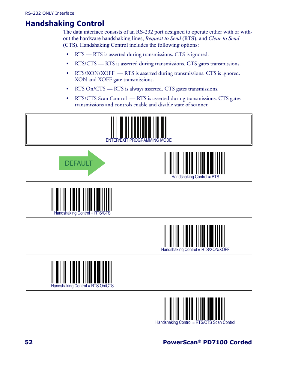 Handshaking control, Default | Rice Lake Datalogic PowerScan PD7100 Series Laser Scanner User Manual | Page 60 / 324