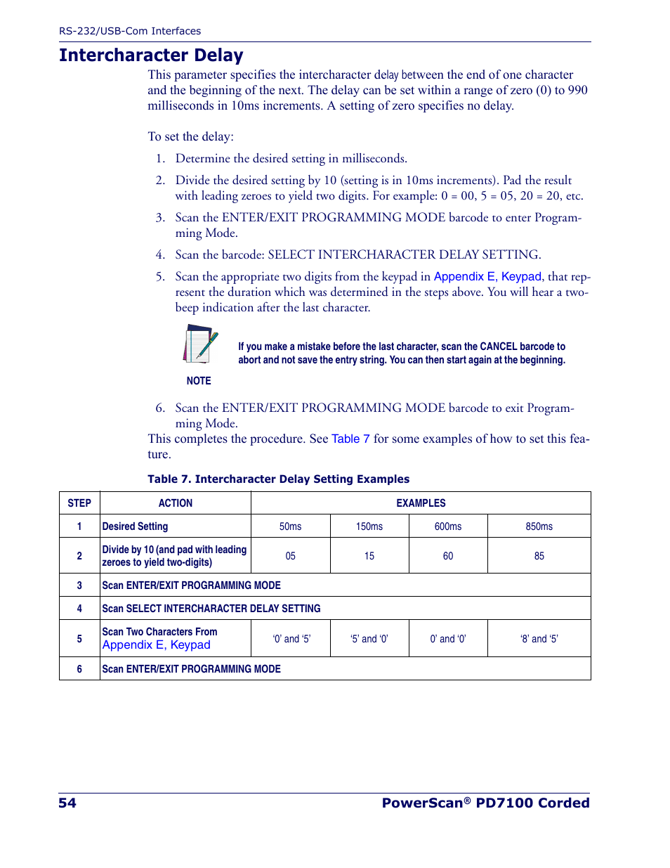 Intercharacter delay | Rice Lake Datalogic PowerScan PD7100 Series Laser Scanner User Manual | Page 62 / 324