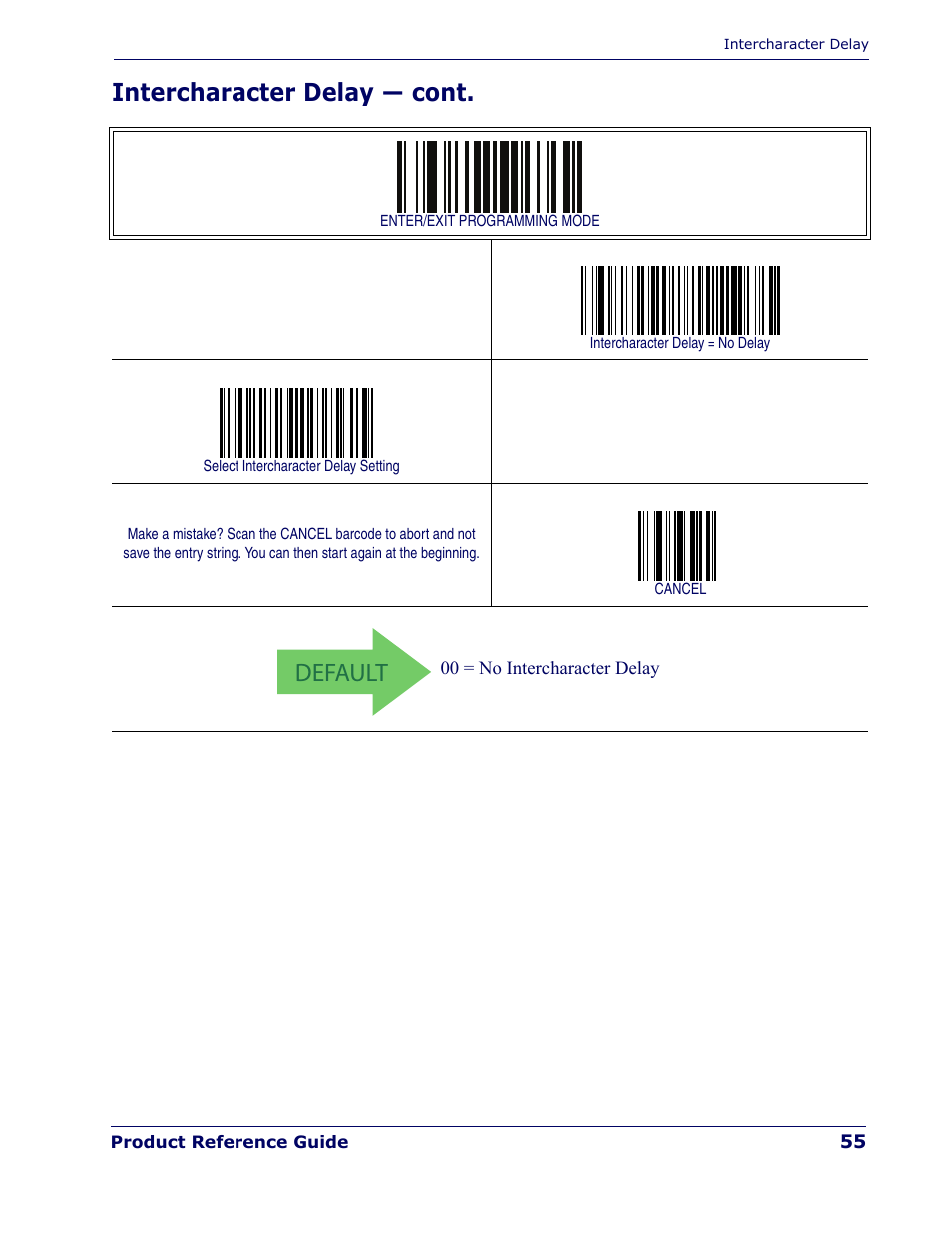 Default, Intercharacter delay — cont | Rice Lake Datalogic PowerScan PD7100 Series Laser Scanner User Manual | Page 63 / 324