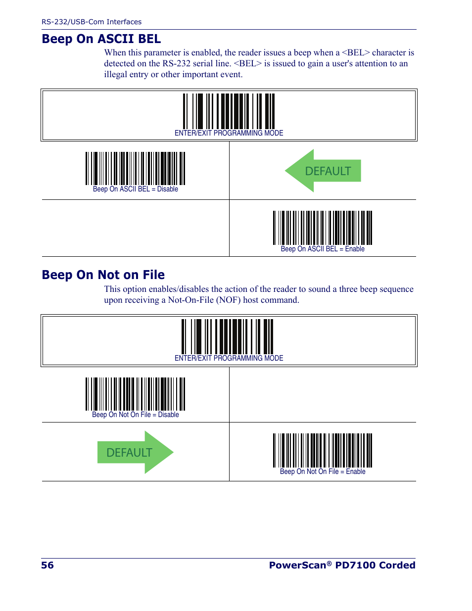 Beep on ascii bel, Beep on not on file, Beep on ascii bel beep on not on file | Default | Rice Lake Datalogic PowerScan PD7100 Series Laser Scanner User Manual | Page 64 / 324